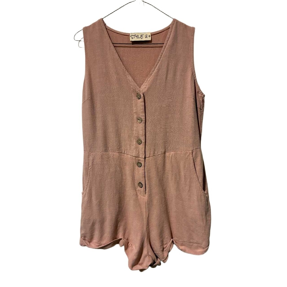 Style U Womens Dusty Rose Linen Blend‎ Button Front Sleeveless Romper Size M